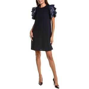 Grazia Faux Leather Tiered Sleeve Pockets A-line Mini Navy Blue Dress,size Large